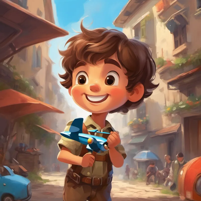 Curious little boy with messy brown hair with a big smile, holding a toy airplane