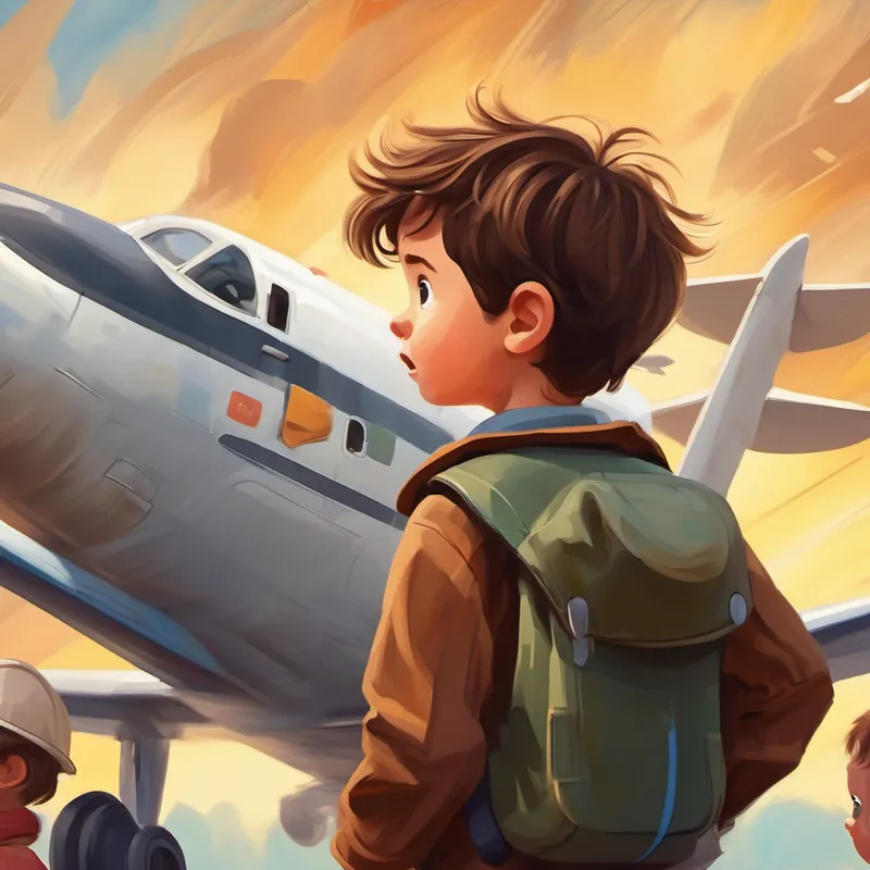 Curious little boy with messy brown hair looking amazed at the engineer's demonstration of airplane wings