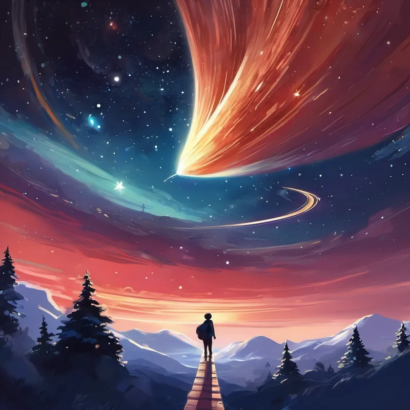Just then, a shooting star passed by their window, leaving a trail of stardust behind. The stardust glimmered, forming a sparkling path that led up to the sky. Alex jumped out of bed, following it eagerly.  As they stepped onto the stardust path, it carried them upwards, into the boundless expanse of space. They soared past planets of all shapes and sizes, each one more breathtaking than the last. They marveled at the rings around Saturn, the red storms on Jupiter, and the icy beauty of Neptune.