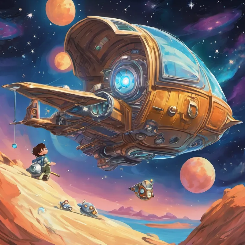 But suddenly, their adventure took an unexpected twist. Alex and the stardust path encountered a small spaceship drifting amidst the stars. It was manned by an alien named Zinx, who needed their help to repair their ship's engine. Alex, always ready for an adventure, agreed to lend a hand. Together, Alex and Zinx floated through the spaceship's corridors, solving puzzles and fixing the engine. As a token of gratitude, Zinx gave Alex a magical compass. With this compass, they would always find their way back home.