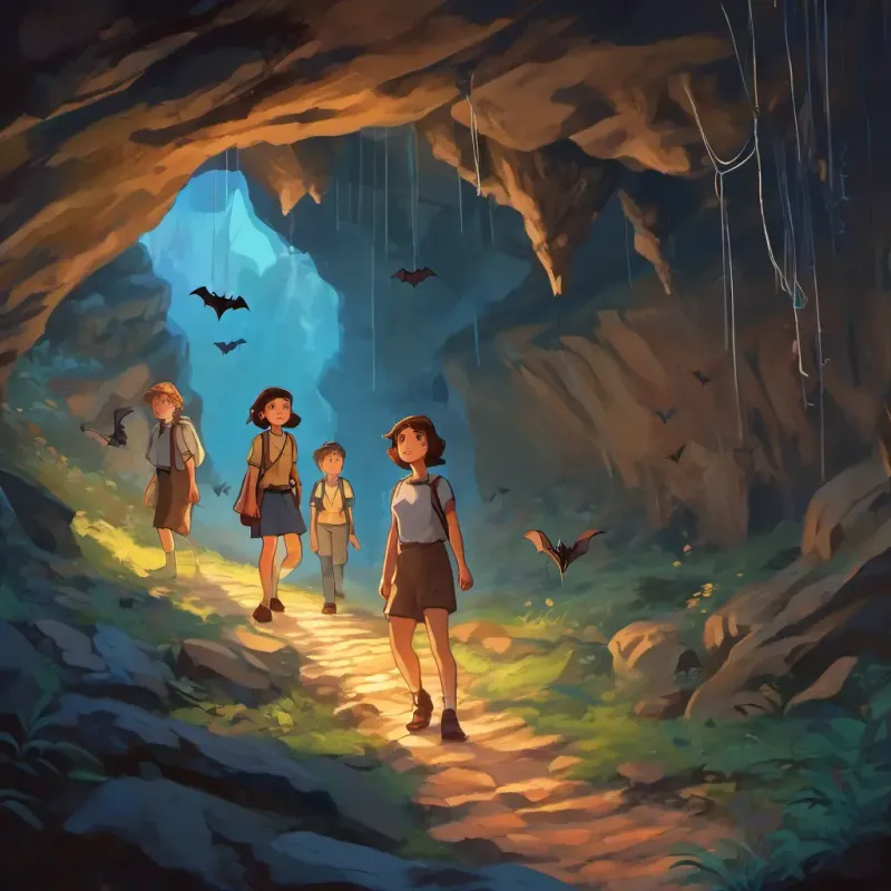 Illiana - a brave girl with brown hair and blue eyes and her friends walking deeper into the cave, with bats hanging from the cave ceiling