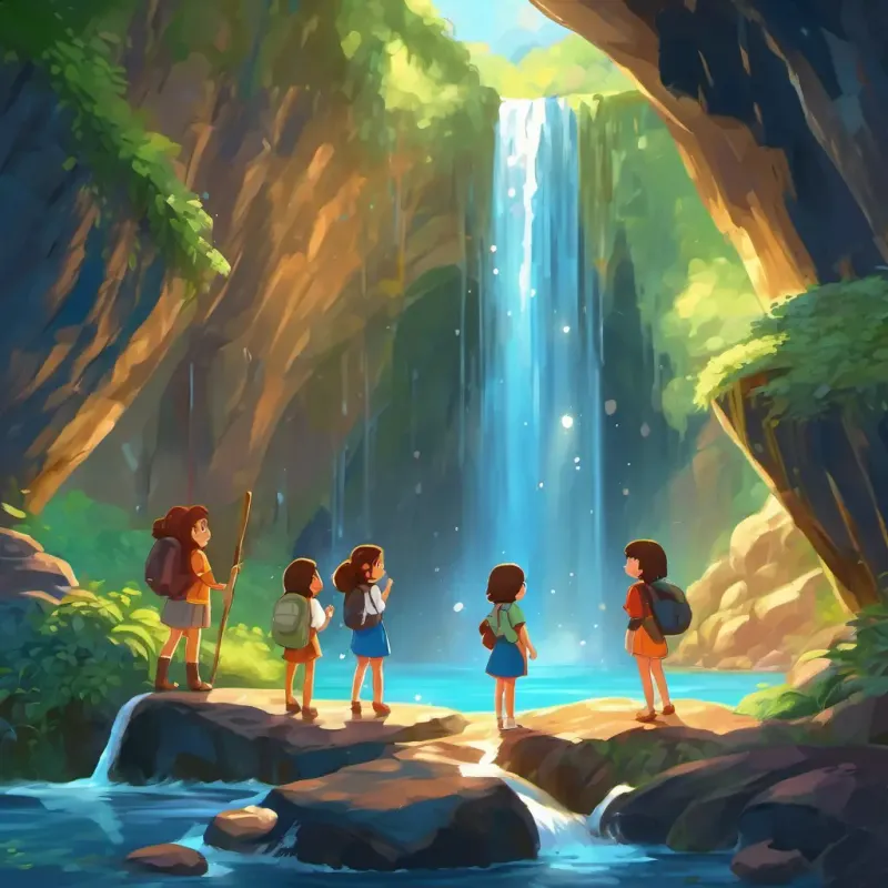Illiana - a brave girl with brown hair and blue eyes and her friends discovering a sparkling waterfall in the cave