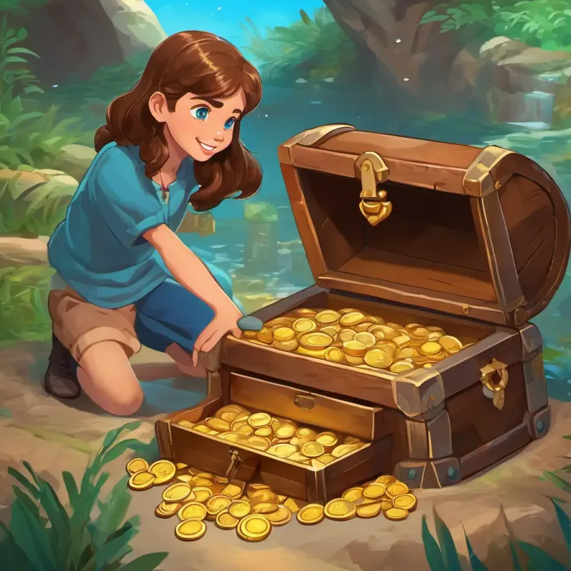 Illiana - a brave girl with brown hair and blue eyes and her friends finding a hidden treasure chest with shiny jewels and coins
