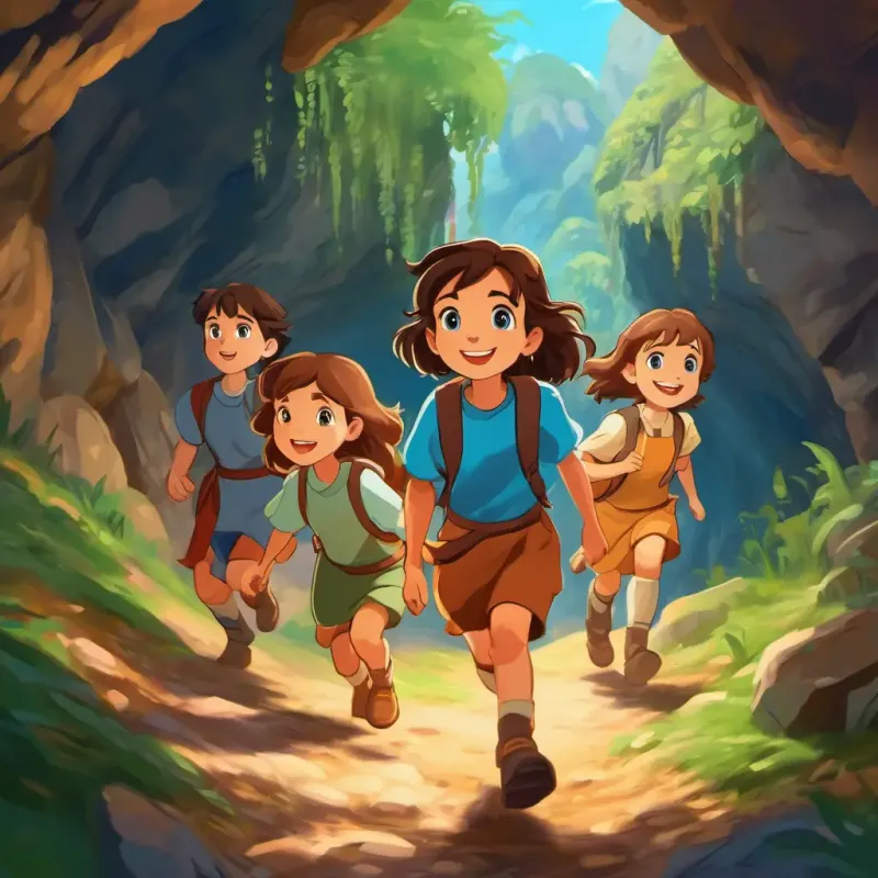 Illiana - a brave girl with brown hair and blue eyes and her friends walking out of the cave, with smiles on their faces
