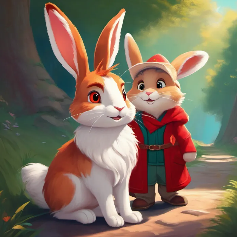 Red fur, curious eyes, full of adventure and bravery embarks on his journey and meets White fluffy tail, big listening ears, joyful helper the rabbit.