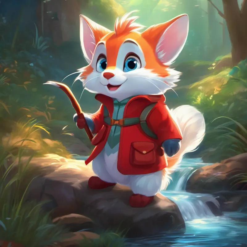 Red fur, curious eyes, full of adventure and bravery and White fluffy tail, big listening ears, joyful helper meet Sly, shiny fish, helps guide the way with shimmering light the fish by the stream.
