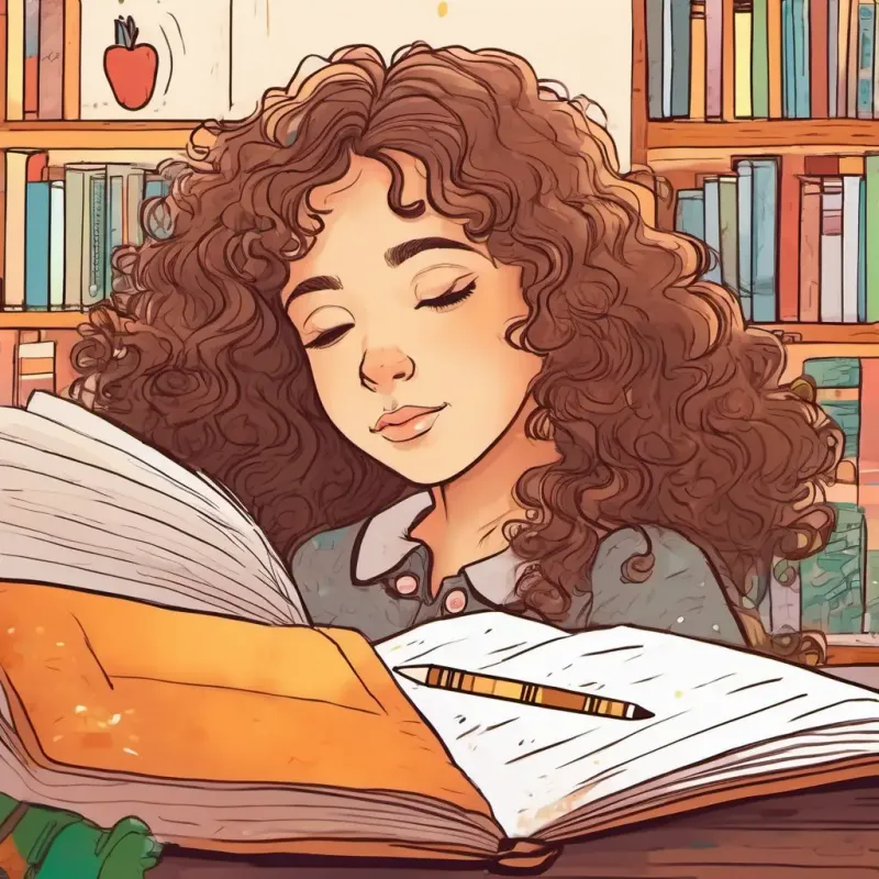 Girl with dark blonde frizzy hair, brown eyes, smart and kind falling asleep dreaming of future school days.