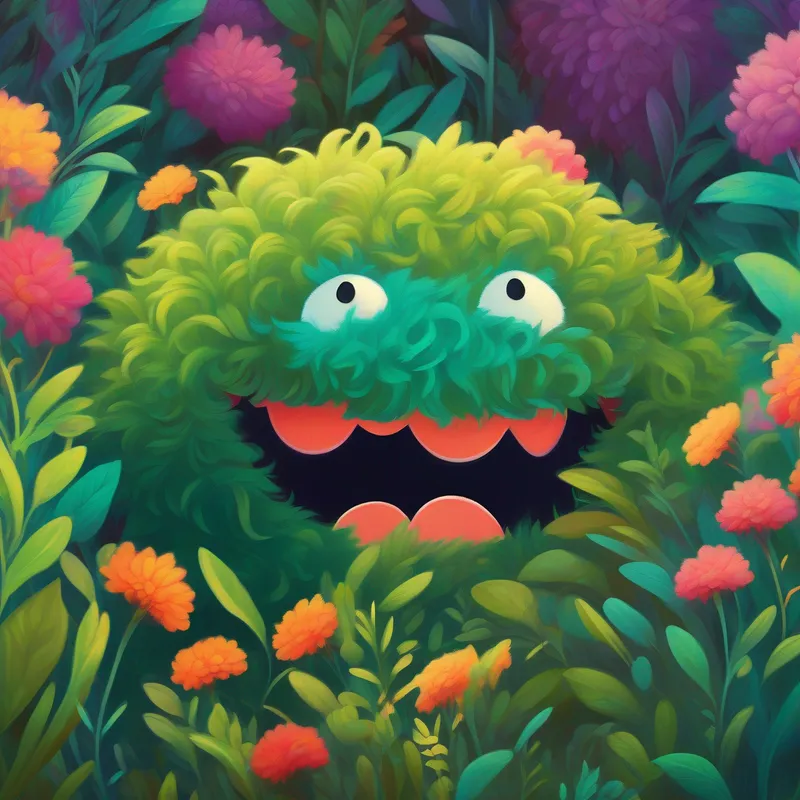 A colorful page with A playful friend with curly hair and a mischievous smile hiding behind a bush