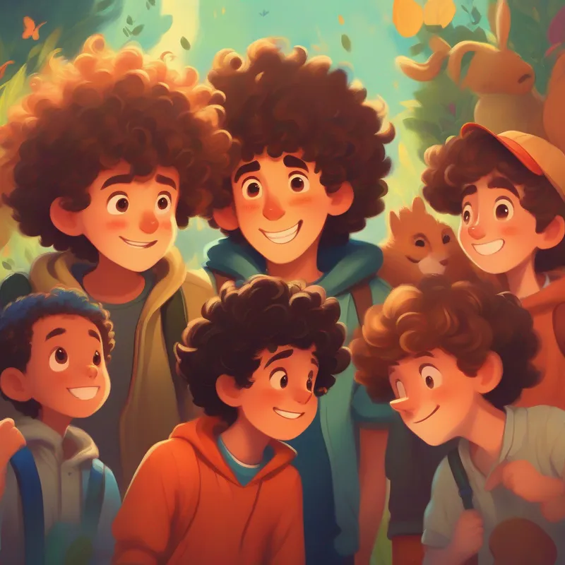 A page with A playful friend with curly hair and a mischievous smile scratching his head and his friends looking upset
