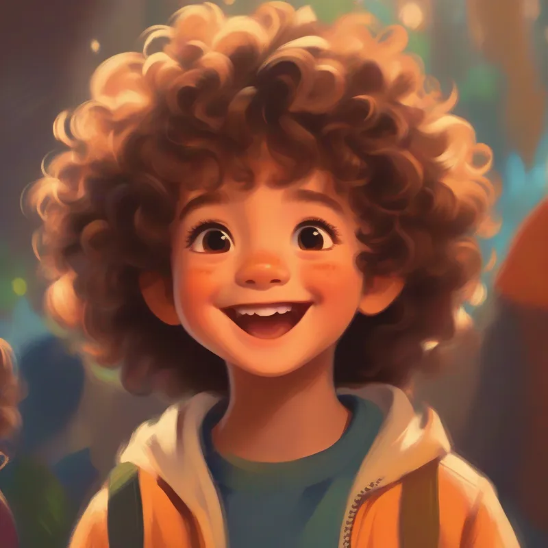 A page with A playful friend with curly hair and a mischievous smile talking politely and everyone smiling