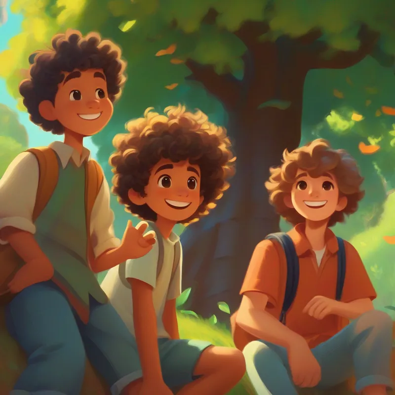 A page with A playful friend with curly hair and a mischievous smile and friends having a conversation under a tree
