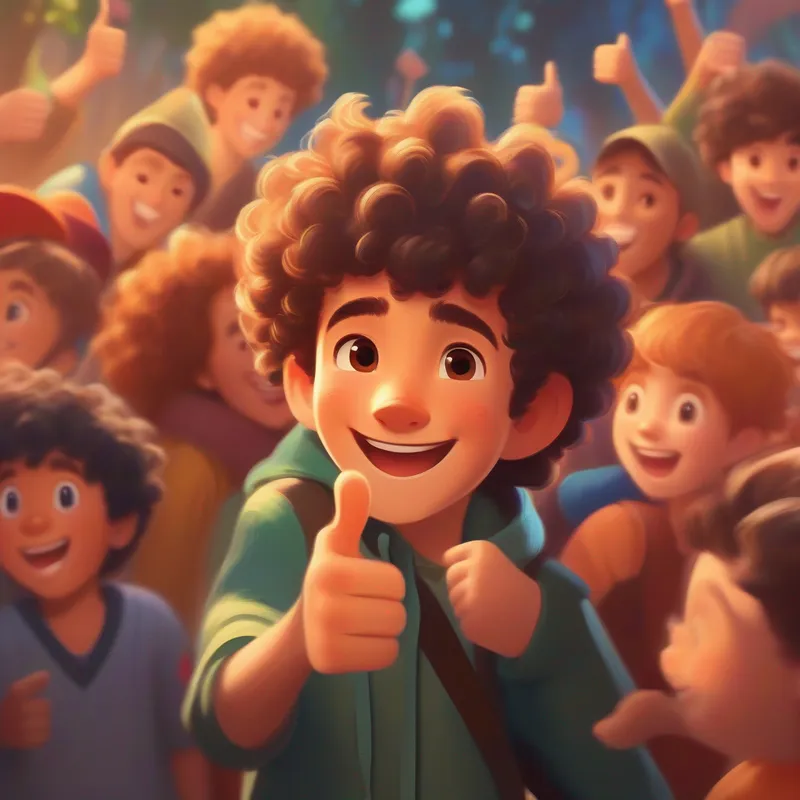 A page with A playful friend with curly hair and a mischievous smile helping his friends and everyone giving him a thumbs up