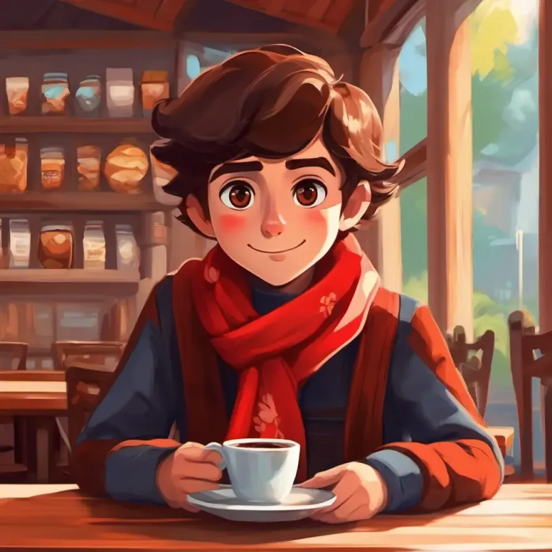Joven con bufanda roja, ojos marrones y piel clara entra a la cafetería, ambiente cálido, olor a chocolate.