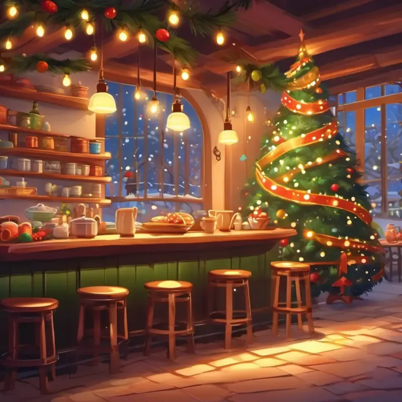 Cafetería decorada con luces y un árbol de Navidad.