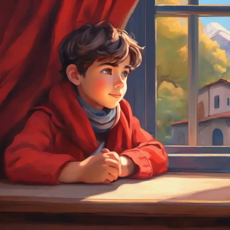 Joven con bufanda roja, ojos marrones y piel clara pide pastelito, elige asiento junto a ventana.