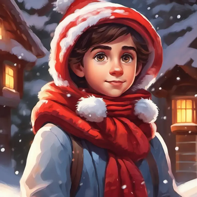 Joven con bufanda roja, ojos marrones y piel clara recuerda Navidades familiares, nieve afuera.