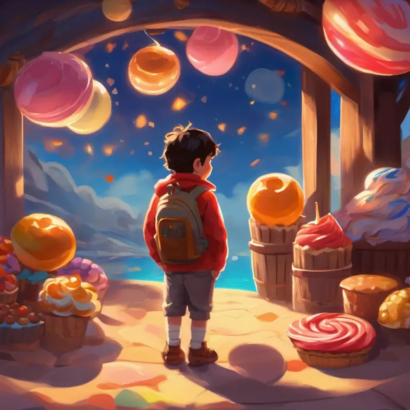 Un niño entra solo, observa los dulces.