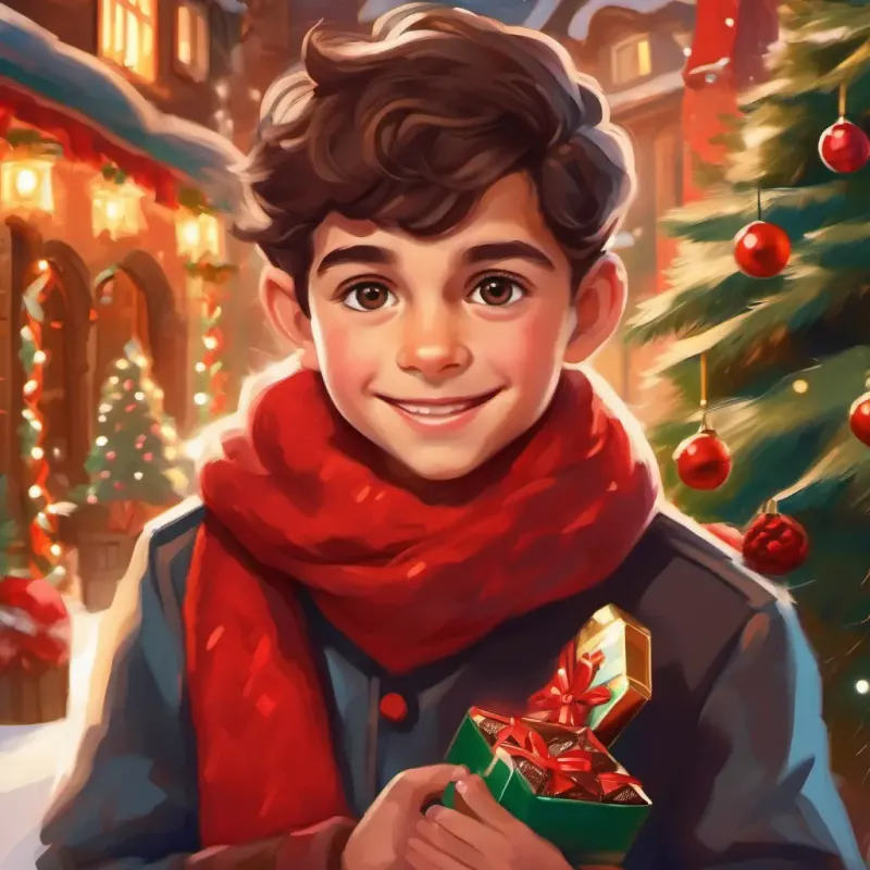 Joven con bufanda roja, ojos marrones y piel clara compra chocolate al niño, le desea Feliz Navidad.