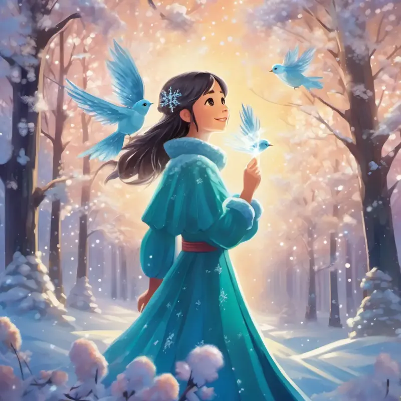 Crystal is a special snowflake that sparkles like a diamond dances in the air, making people giggle. The birds are Crystal's friends who sing sweet songs sing and trees cheer for her.