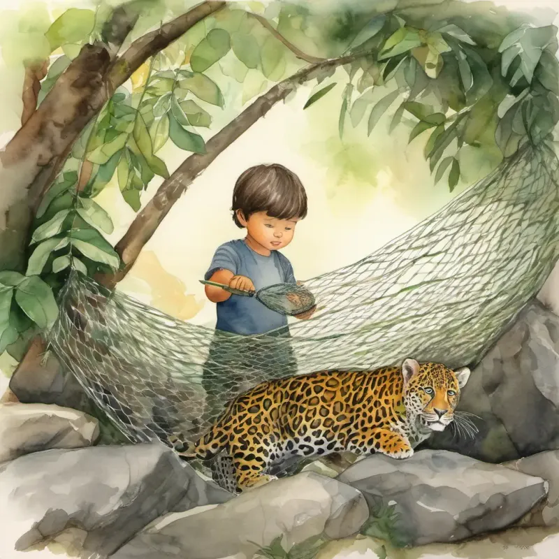 Leo finding the jaguar cub, discovering it caught in a net.