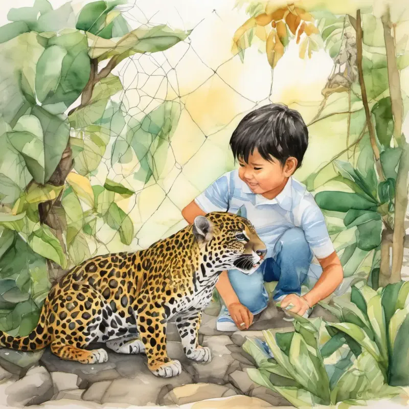 Leo helping the scared jaguar cub, untangling it from the net.