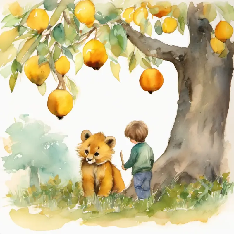 The cub guiding Leo to a tree with golden fruits.