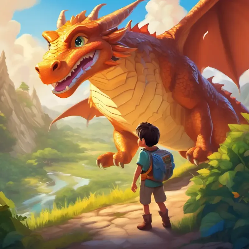 Curious, brave explorer with sparkling eyes and a joyful smile's encounter with a playful dragon and the exciting adventure of learning to fly.