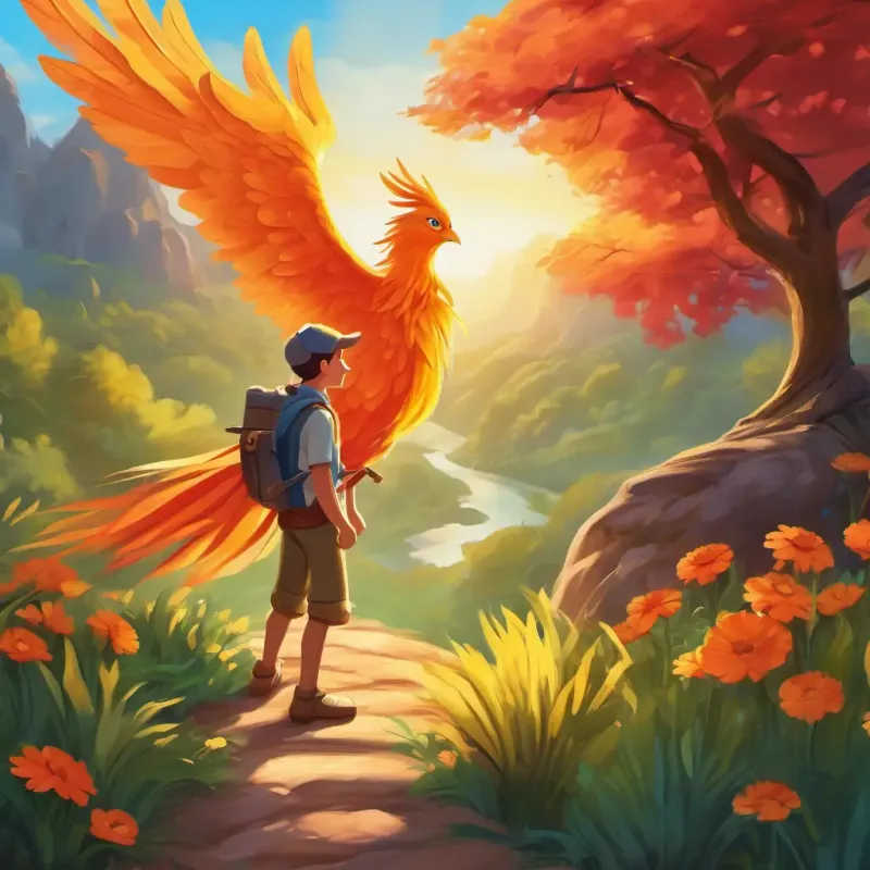 Curious, brave explorer with sparkling eyes and a joyful smile's encounter with a wise phoenix and the magic of learning the language of nature.