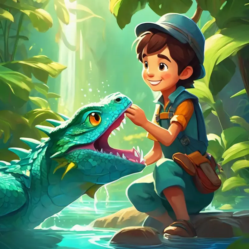 Curious, brave explorer with sparkling eyes and a joyful smile's friendship with a mischievous water dragon and discovering water magic secrets.