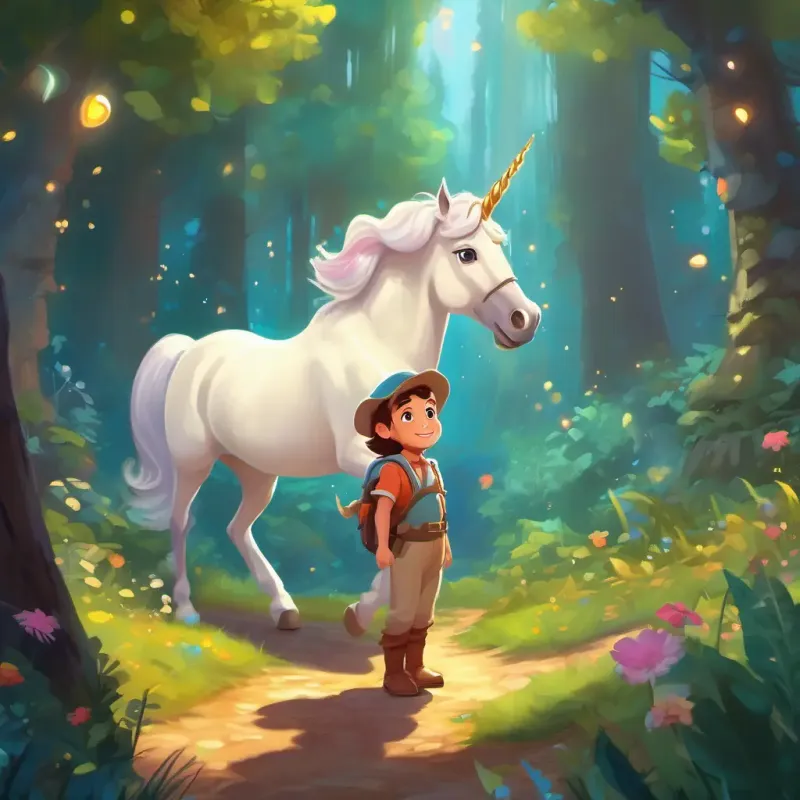 Curious, brave explorer with sparkling eyes and a joyful smile's playful adventure with a quick-witted unicorn in the enchanted forest.