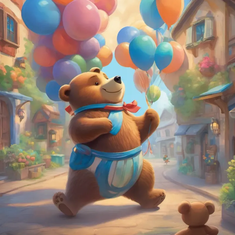 A happy bear, A happy bear holding a big, blue balloon, smiling and adventurous, holding a giant blue balloon in a colorful, whimsical Bear Town.