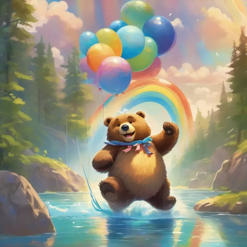 A happy bear holding a big, blue balloon, smiling and adventurous the bear, holding his big blue balloon, floating towards a sparkling Rainbow River under a sunny sky.