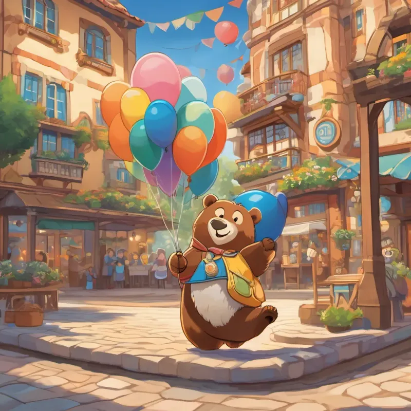 A happy bear holding a big, blue balloon, smiling and adventurous and A friendly owl with wide eyes and a playful smile, flapping her wings excitedly landing softly in Bear Town's town square, smiling at the end of their big adventure as the sun sets.