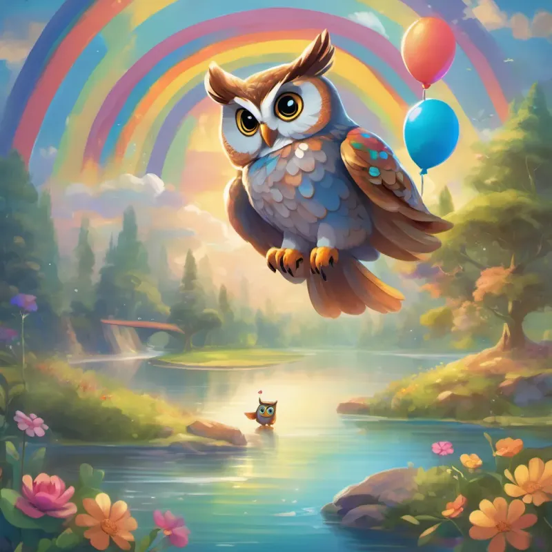 A friendly owl named A friendly owl with wide eyes and a playful smile, flapping her wings excitedly hooting at A happy bear holding a big, blue balloon, smiling and adventurous near the dazzling Rainbow River.