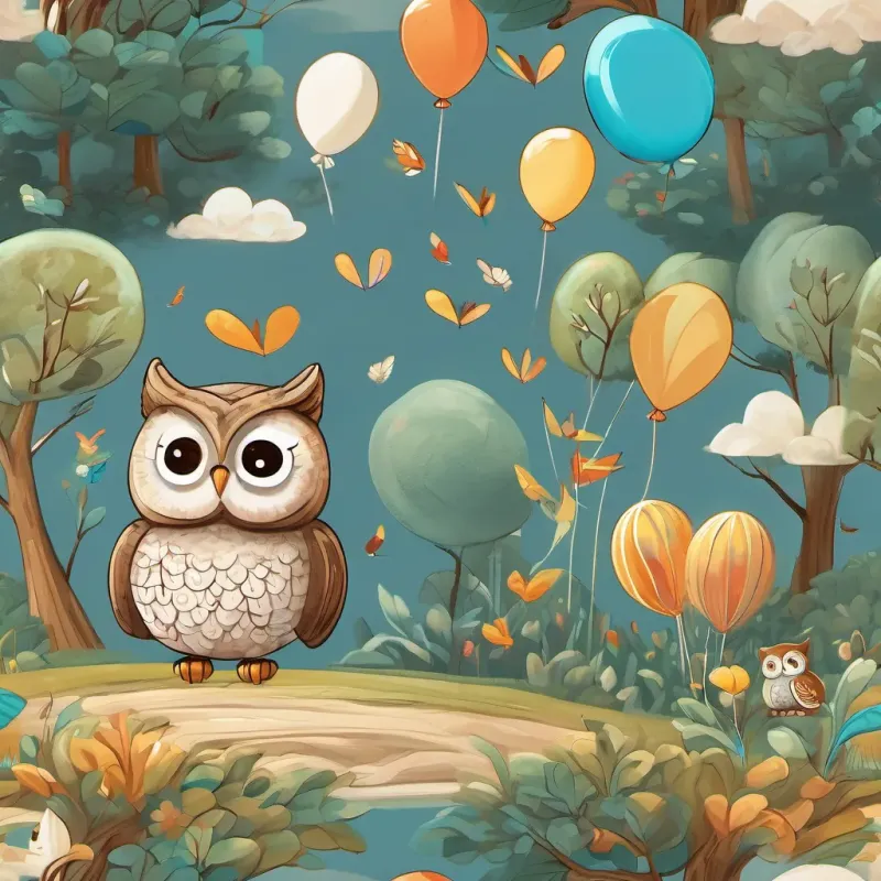A friendly owl with wide eyes and a playful smile, flapping her wings excitedly the owl joining A happy bear holding a big, blue balloon, smiling and adventurous as they float above tall trees, waving at playful squirrels on the ground.