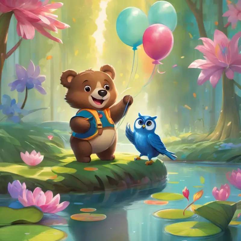 A happy bear holding a big, blue balloon, smiling and adventurous and A friendly owl with wide eyes and a playful smile, flapping her wings excitedly floating above colorful lily pads that giggle and bounce with joy.