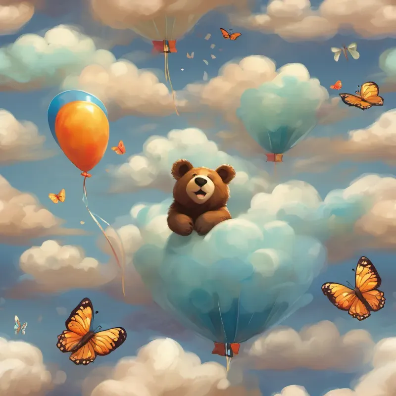 A butterfly named A colorful, delicate butterfly with flapping wings and a cheerful demeanor calling out to A happy bear holding a big, blue balloon, smiling and adventurous and his balloon, surrounded by puffy clouds and fluttering wings.