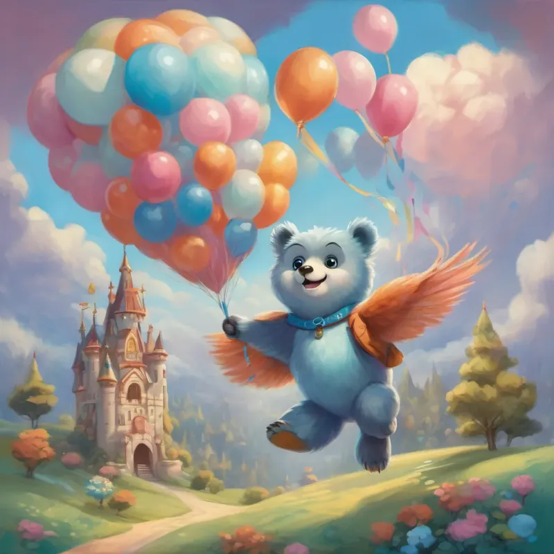 A happy bear holding a big, blue balloon, smiling and adventurous and A friendly owl with wide eyes and a playful smile, flapping her wings excitedly landing on a fluffy cloud shaped like a castle, made of sweet, colorful cotton candy.