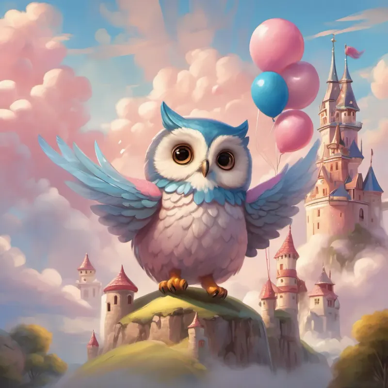 A friendly owl with wide eyes and a playful smile, flapping her wings excitedly and A happy bear holding a big, blue balloon, smiling and adventurous enjoying pink cotton candy on the fluffy cloud castle, surrounded by magical skies.