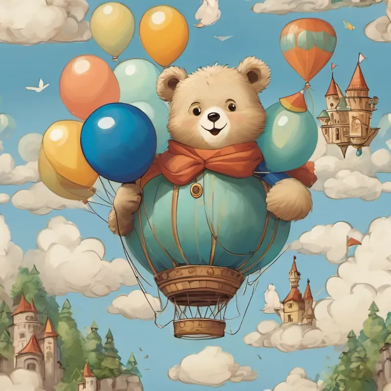 A happy bear holding a big, blue balloon, smiling and adventurous and A friendly owl with wide eyes and a playful smile, flapping her wings excitedly holding on tight as the big blue balloon lifts them off the fluffy cloud castle, flying through a strong wind.