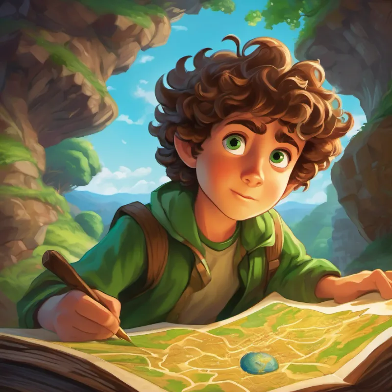 Kind, wise, gives Tim the map, catalyst for adventure gives Little boy, curly hair, big green eyes, scared but brave a map for the Treasure of Bravery