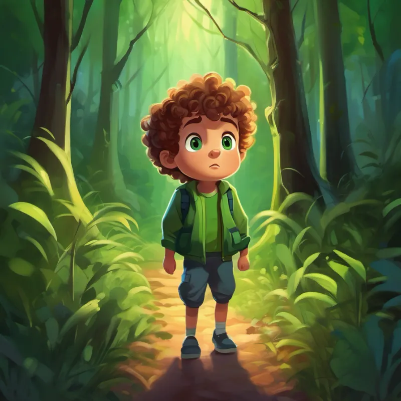 Little boy, curly hair, big green eyes, scared but brave decides to be brave and steps into the woods
