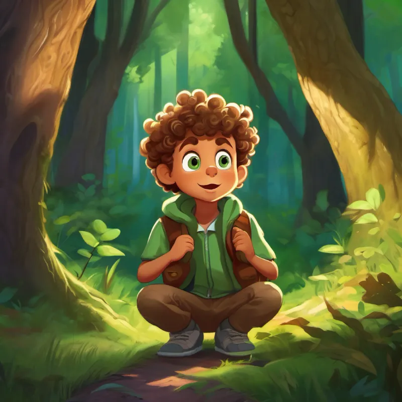 Little boy, curly hair, big green eyes, scared but brave in the woods, gets advice from a friendly squirrel