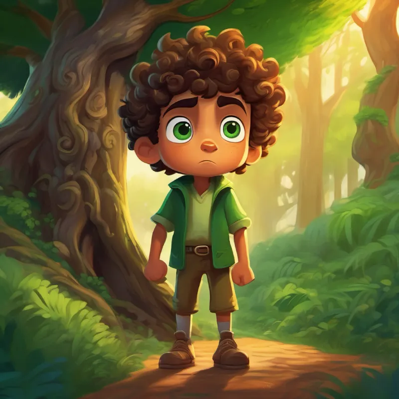 Little boy, curly hair, big green eyes, scared but brave confronts a grumpy tree and shows his bravery