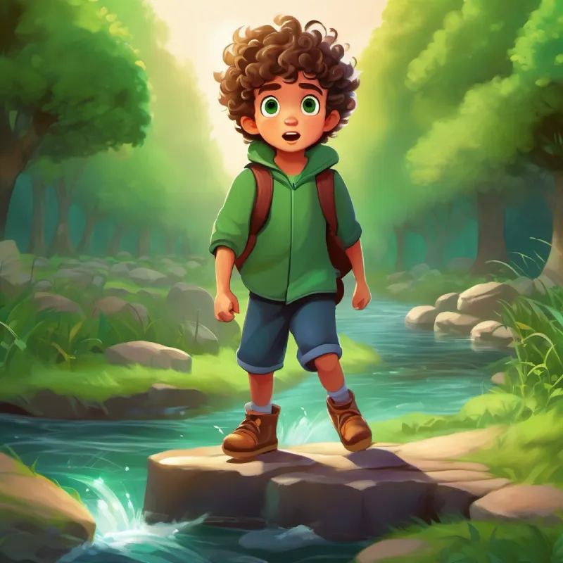 Little boy, curly hair, big green eyes, scared but brave comes to a singing river and crosses on magical stepping stones