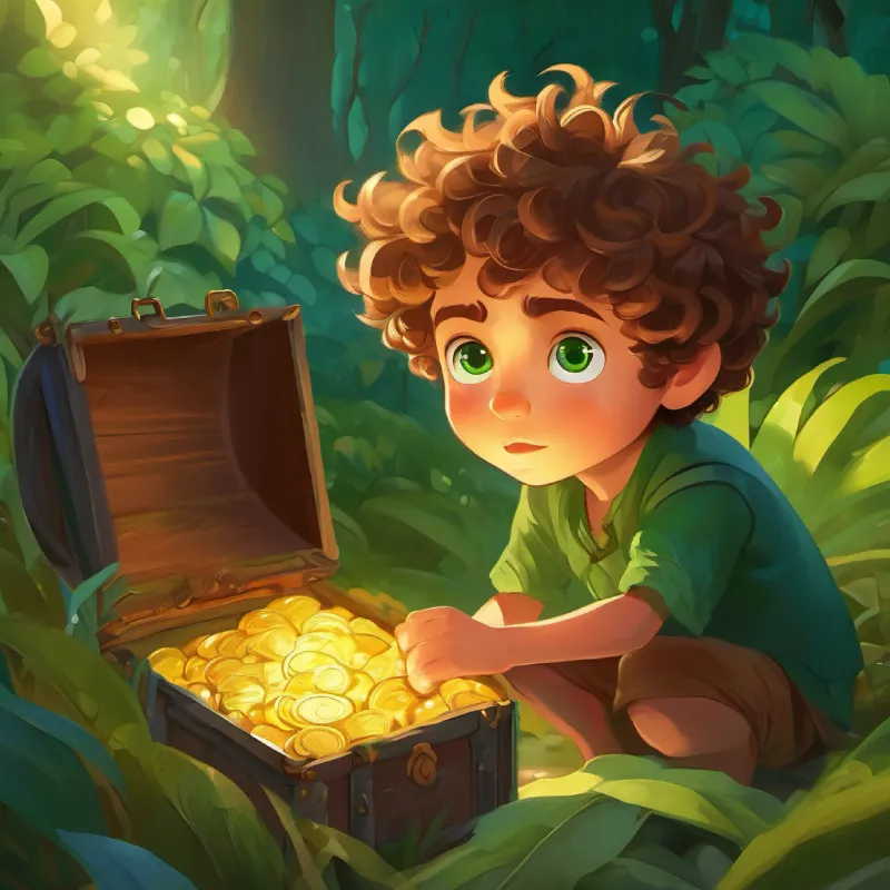 Little boy, curly hair, big green eyes, scared but brave finds treasure, discovers his own bravery is the real treasure