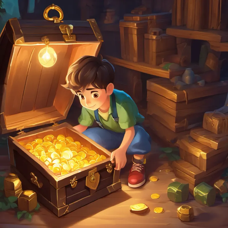A curious boy with twinkling eyes and untied shoelaces finds a treasure chest.