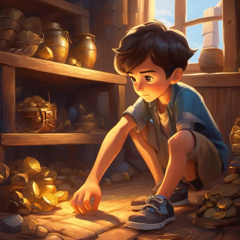 A curious boy with twinkling eyes and untied shoelaces considers keeping the treasure.