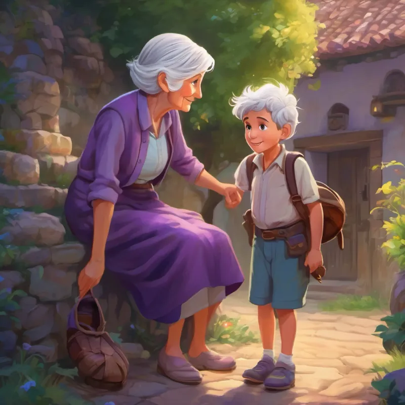 A curious boy with twinkling eyes and untied shoelaces returns the treasure and talks to Elderly lady with silver hair and kind eyes, always wears violet.
