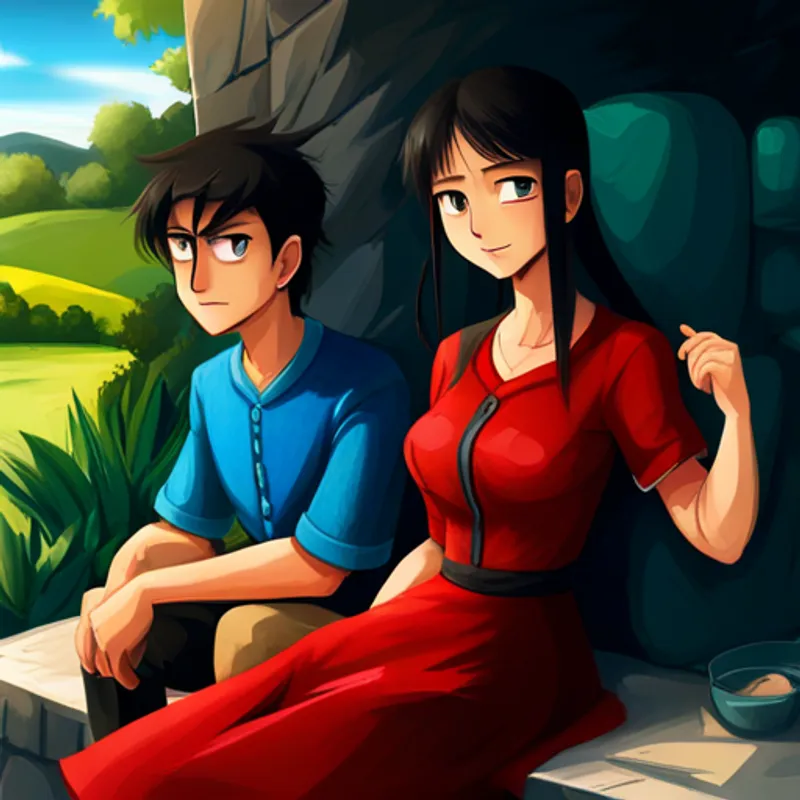 Bathisha: Brown hair, red dress, friendly smile and Bashiya: Black hair, blue shirt, mischievous grin arguing with angry faces